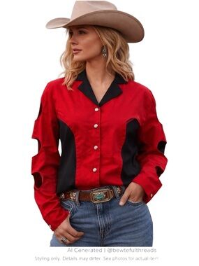 Vintage Heart Cutout Western Shirt Red Black Rodeo Cowgirl Deadstock M
